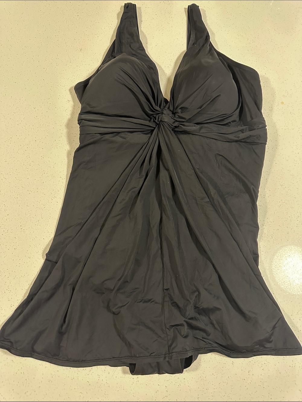 Swimsuits For All-Black Ruched Swimdress with foam cup, fluttering hem.